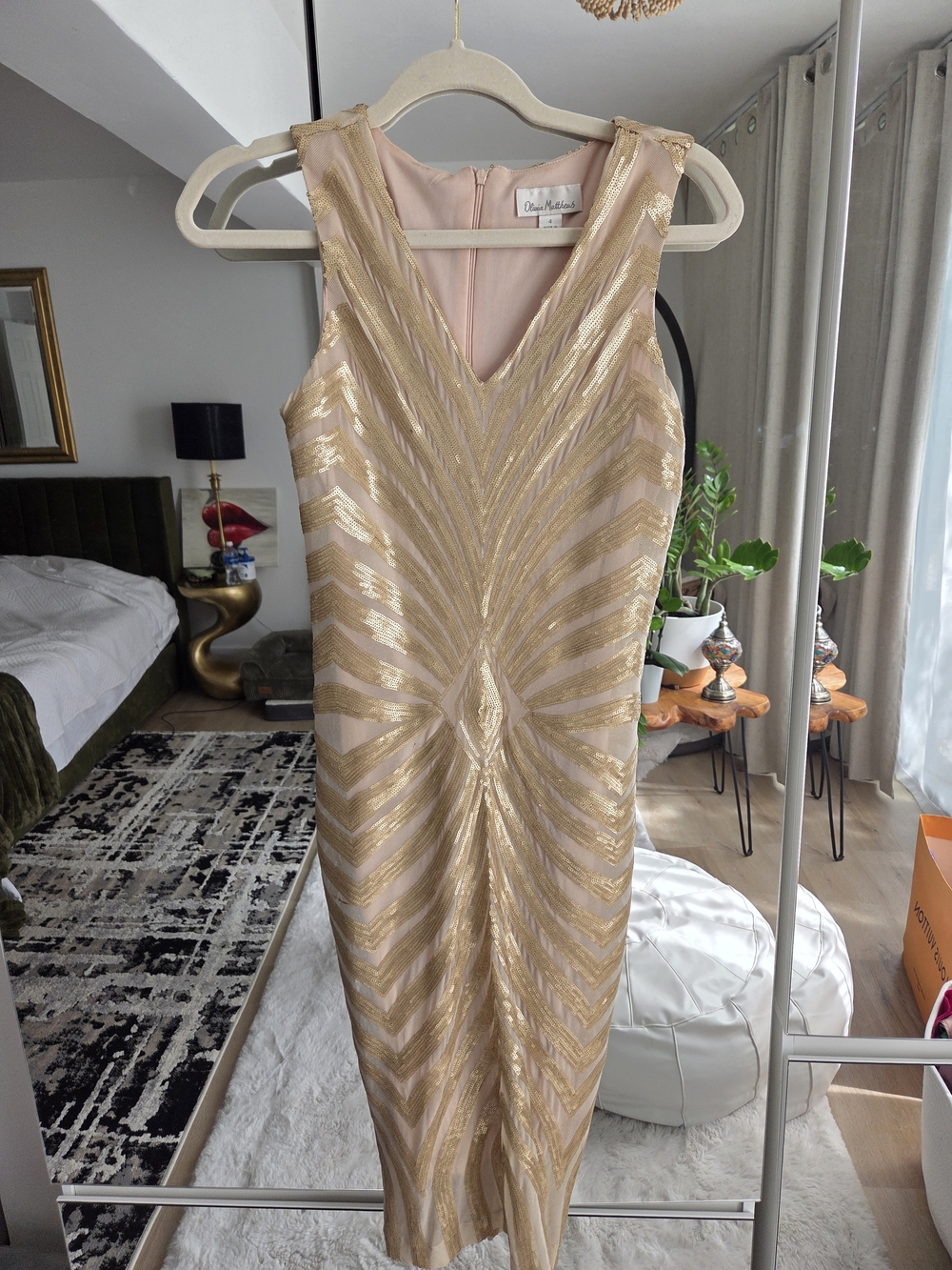 Olivia Matthews Pink and Gold Sequin V-Neck Midi Dress